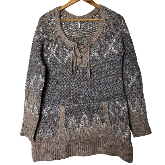 Free People‎ Sweater Love Bug Boho Pullover Brown Tan Geometric Southwest Size S - Picture 1 of 8